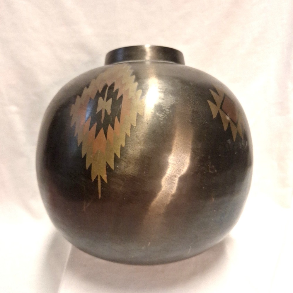 11.5" x 10.75" Vintage MCM Brass Art Ware Vase AMC NY Boho Geometric Southwest - Picture 6 of 16